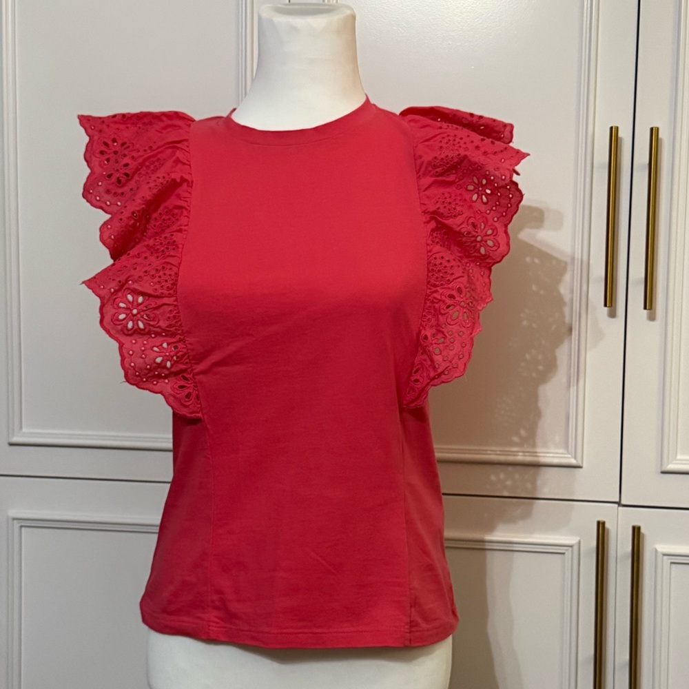 Leaving my Closet Soon! Get it now! 
J. Crew Red Eyelet Ruffle Sleeve Blouse